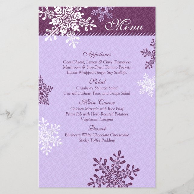 Purple White Snowflakes Winter Wedding Menu Card (Front)