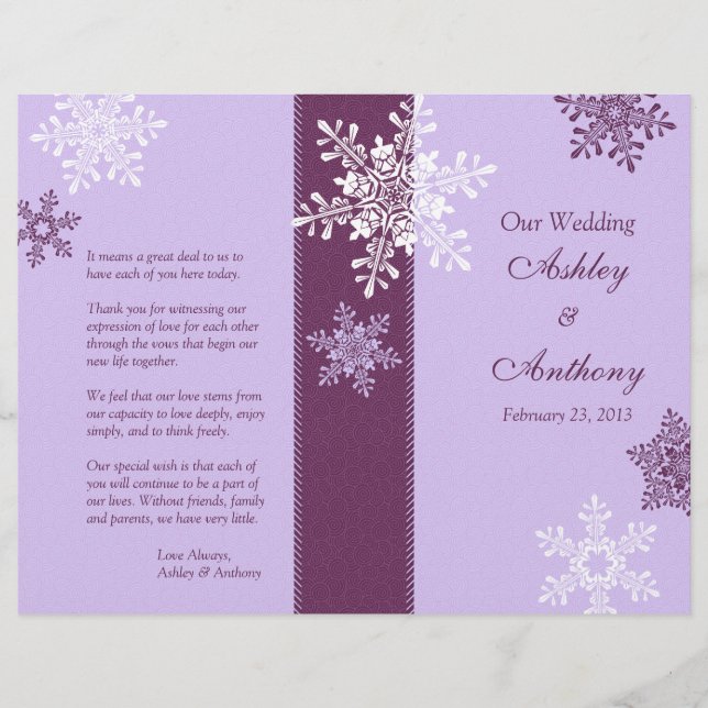 Purple White Snowflakes Winter Wedding Program (Front)