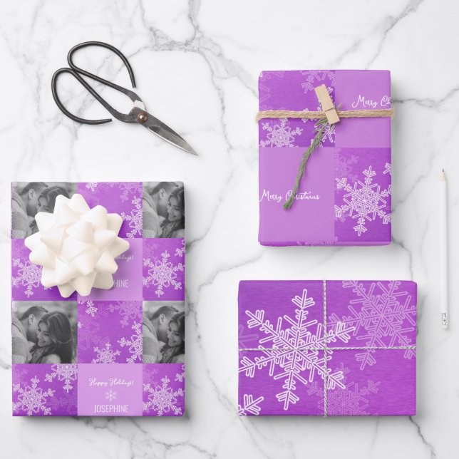 Purple White Snowlfake Minimalist Photo Christmas  Wrapping Paper Sheets (Front)