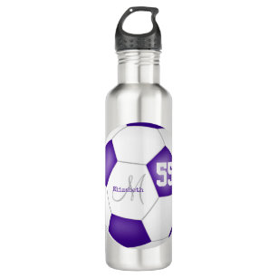 purple white soccer ball girl name jersey number stainless steel water bottle