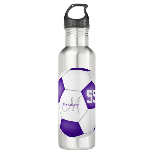 purple white soccer ball girl name jersey number stainless steel water bottle