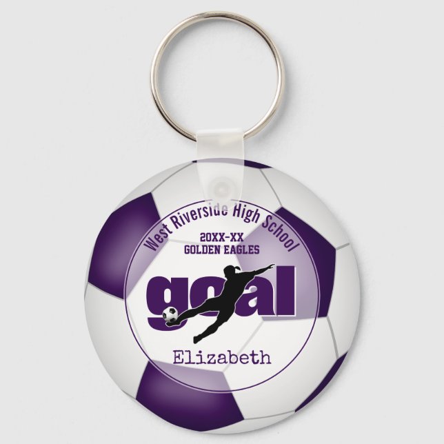 purple white soccer ball goal girls' team spirit keychain (Front)