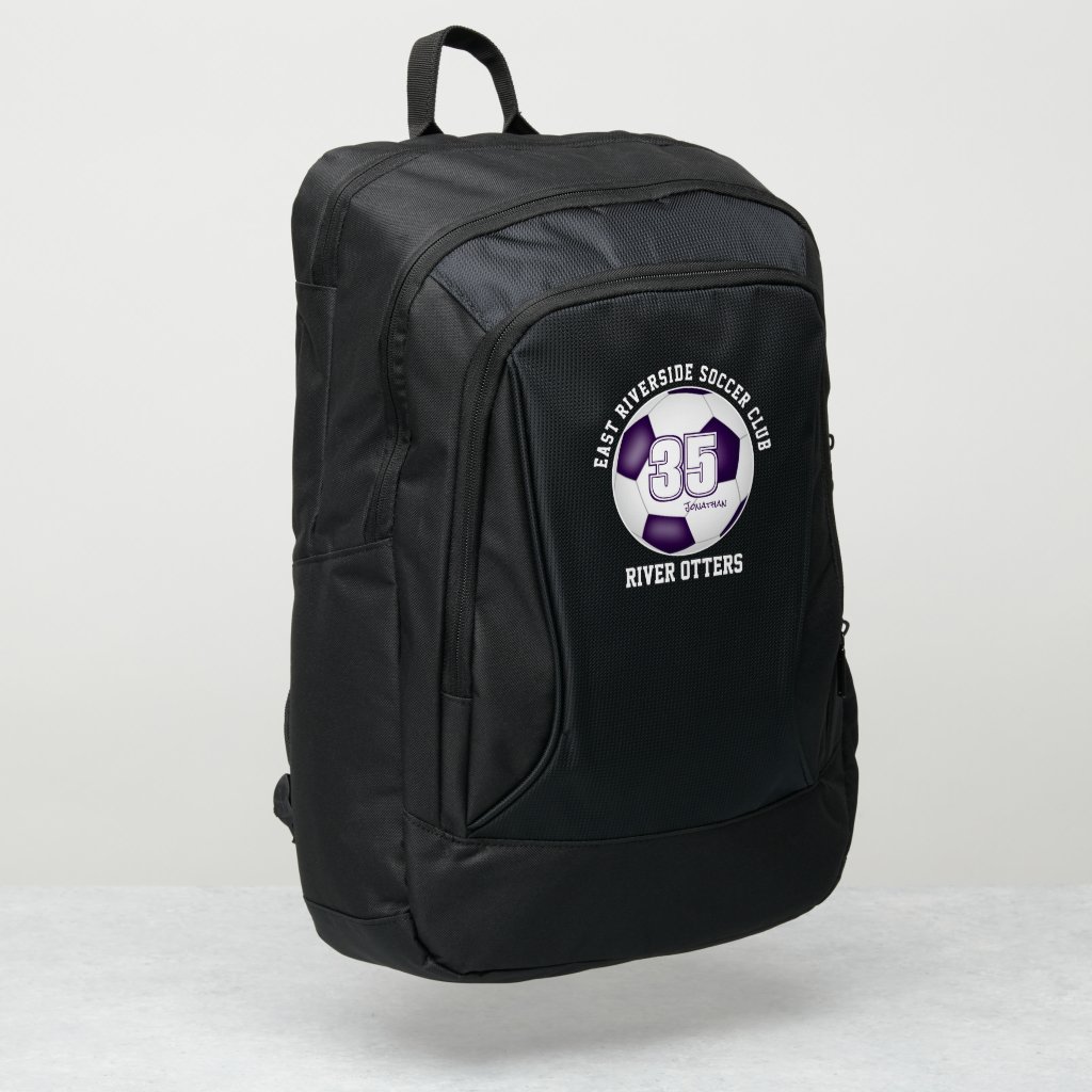 purple white soccer ball player name club sports backpack