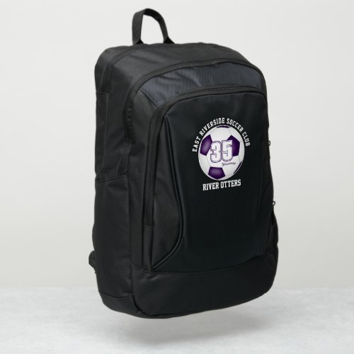 purple white soccer ball player name club sports port authority backpack