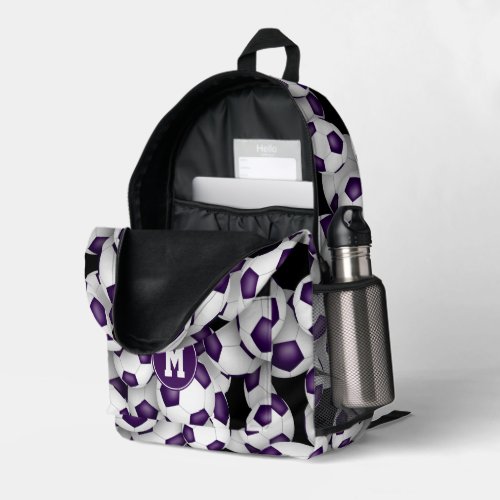 purple white soccer balls pattern monogrammed printed backpack