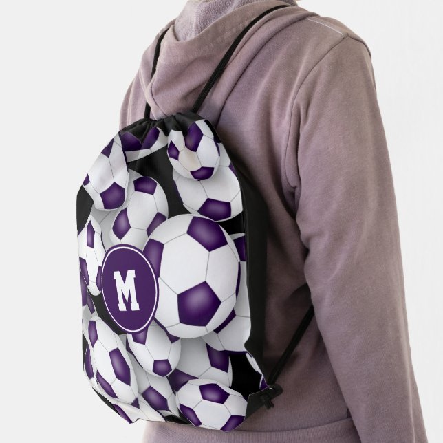 purple white soccer balls pattern team colors drawstring bag (Insitu)
