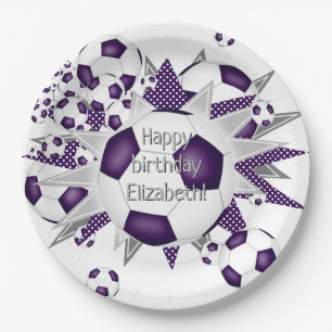 Purple white soccer balls stars birthday paper plates