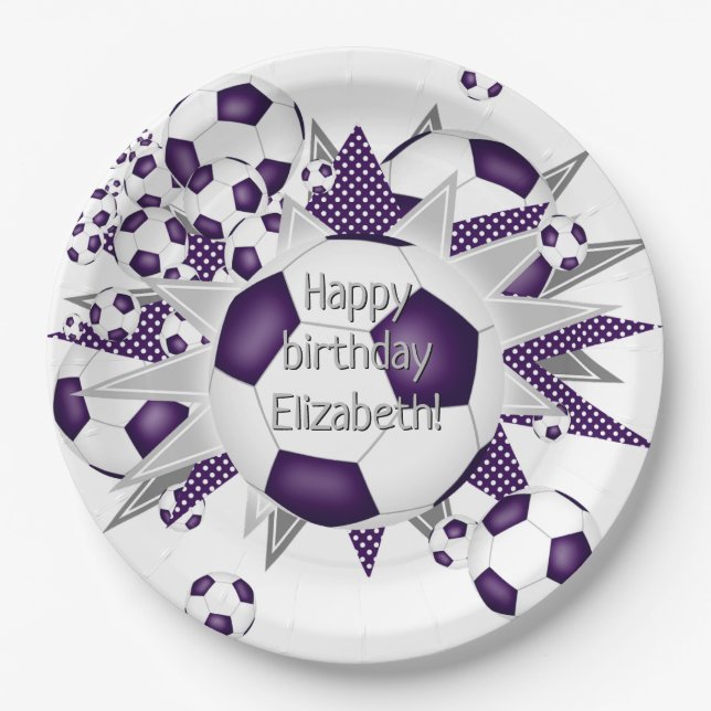 Purple white soccer balls stars birthday  paper plates (Front)