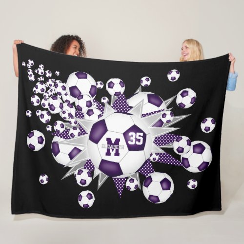 purple white soccer balls stars girls sports room fleece blanket