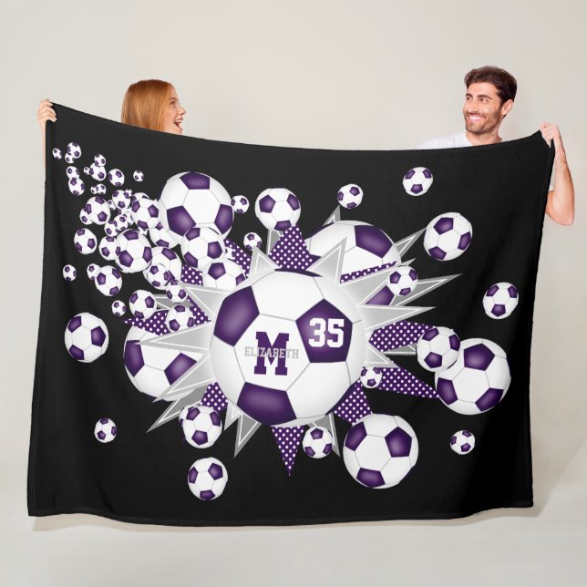 purple white soccer balls stars girls sports room fleece blanket (In Situ)