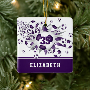 Purple white soccer balls stars personalized  ceramic ornament