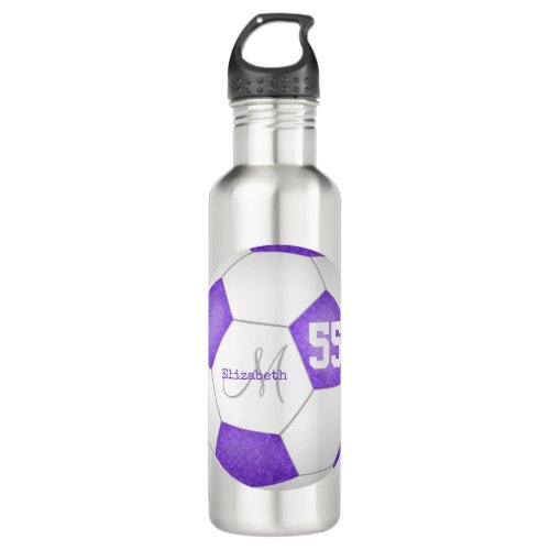purple white soccer girl name jersey number stainless steel water bottle
