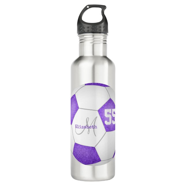 purple white soccer girl name jersey number stainless steel water bottle (Front)
