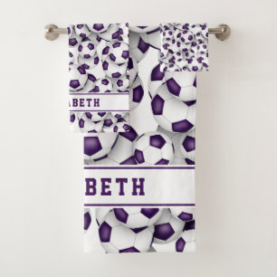 purple white soccer graduation personalized  bath towel set