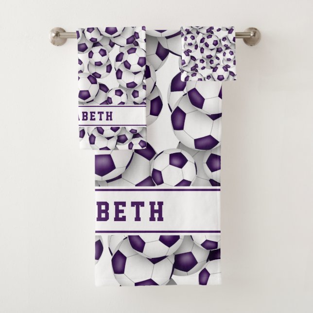 purple white soccer graduation personalized  bath towel set (Insitu)