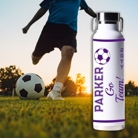 Purple White Soccer Name | Go Team Sports Water Bottle