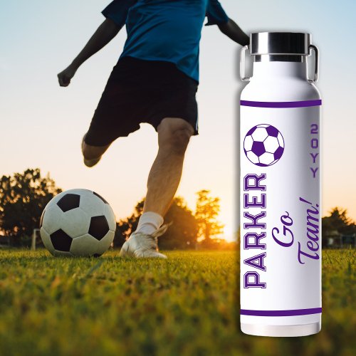 Purple White Soccer Name  Go Team Sports Water Bottle