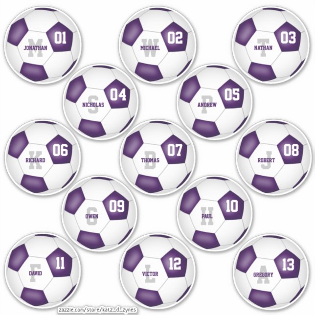 purple white soccer team colors 13 players sticker (Front)