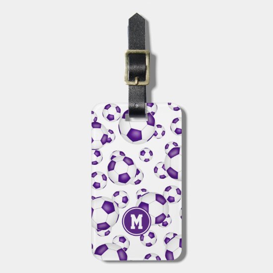 purple white soccer team colors monogrammed luggage tag