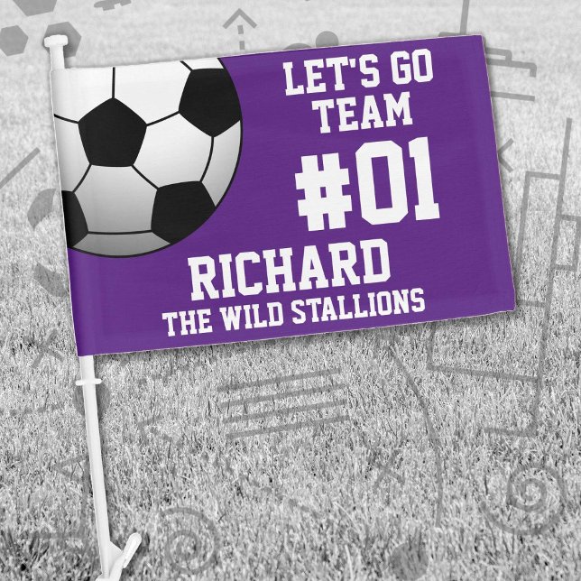 Purple White Soccer Team Spirit Car Flag (Purple and White Soccer Let's Go Team Car Flag. Celebrate your high school or college athlete.)