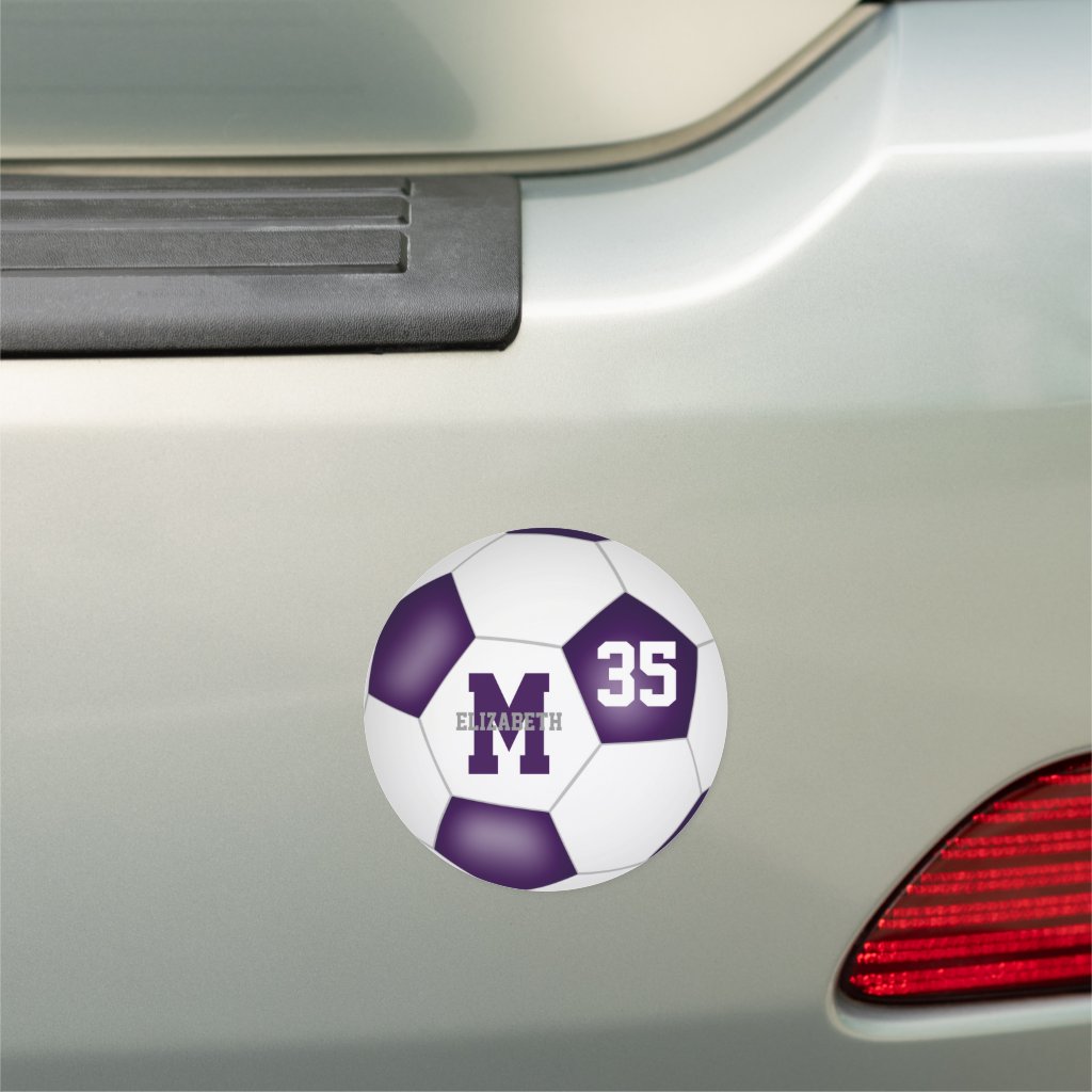 purple white soccer team spirit gifts 5 inch locker or car magnet