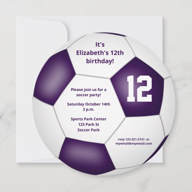 purple white soccer themed birthday party announcement (Front)