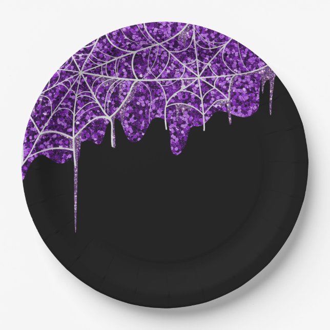 Purple & White Spiderweb Halloween Paper Plates (Front)