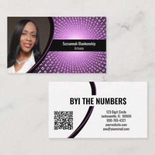 Purple White Spiral Numbers Custom Photo QR Code Business Card