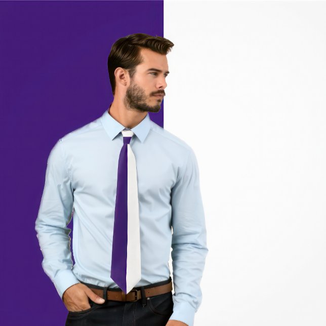 Purple & White Split Color Design Neck Tie (Man wears a purple and white split color necktie.)
