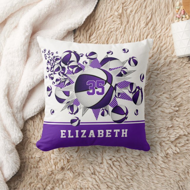 purple white sports room girls basketballs stars throw pillow (Blanket)