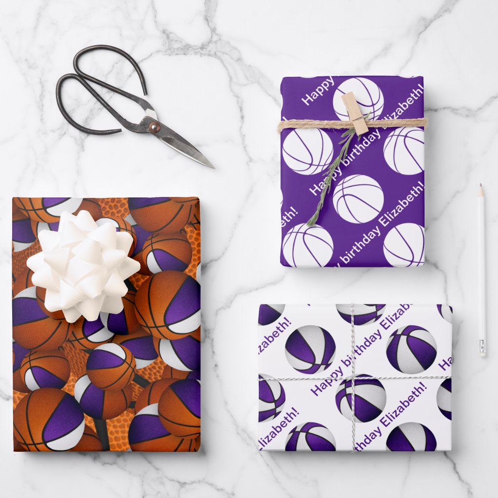 purple white sports team colors basketball gifts wrapping paper sheets