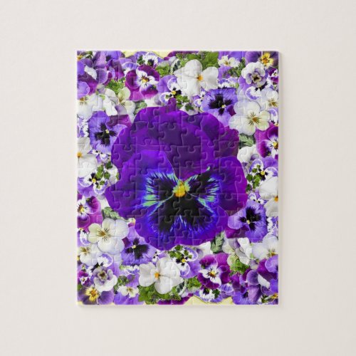 PURPLE  WHITE SPRING PANSIES VIGNETTE JIGSAW PUZZLE