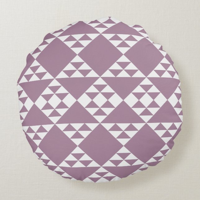 Purple & White Square & Triangle Pattern Ethnic Round Pillow (Back)
