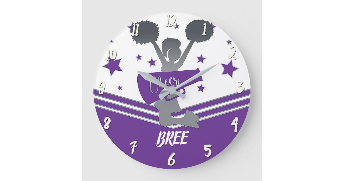 Purple & White Stars Cheer Cheer-leading Girls Large Clock | Zazzle
