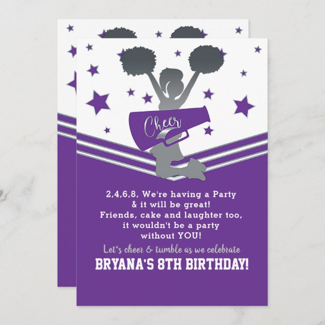 Purple & White Stars Cheer Cheer-leading Party Invitation (Front/Back)