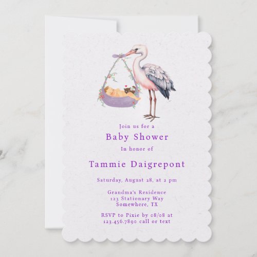 Purple White Stork Girl Baby Shower Invitation