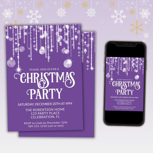 Purple White String Lights Christmas Party  Invitation