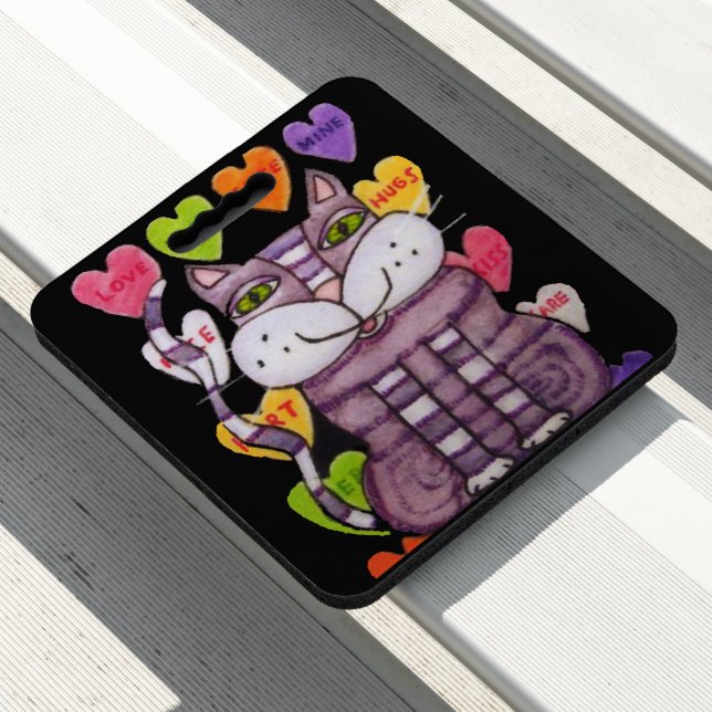Purple White Striped Cat Green Eyes Candy Hearts Seat Cushion (In Situ)