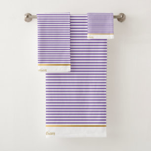 PURPLE WHITE STRIPED PATTERN TRIM TOWEL SET