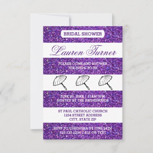 PurpleWhite Stripes _3x5 Bridal Shower Invitation