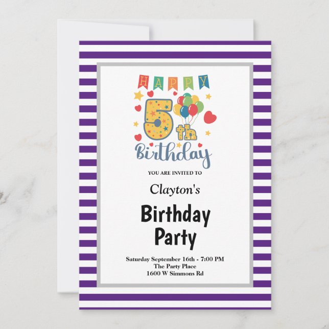Purple/White Stripes Framed 5th Birthday Party Invitation (Front)