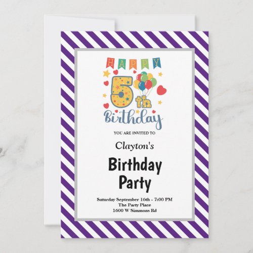 PurpleWhite Stripes Framed 5th Birthday Party Invitation