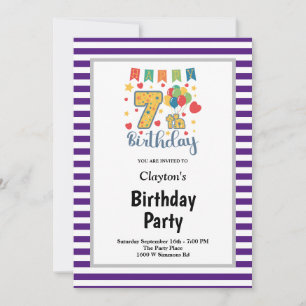 Purple/White Stripes Framed 7th Birthday Party Invitation