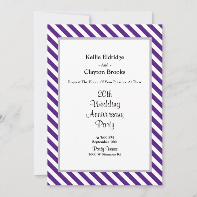 Purple/White Stripes Wedding Anniversary Party Invitation (Front)