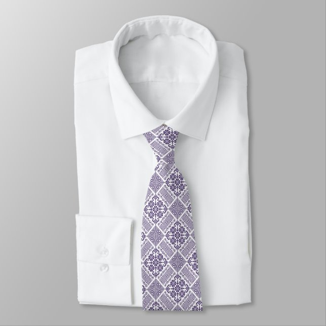Purple & White Tatreez Henna Thobe Pattern Neck Tie (Tied)