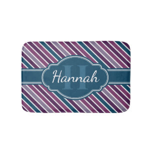 Purple White Teal Bold Stripe Pattern Monogram Bath Mat