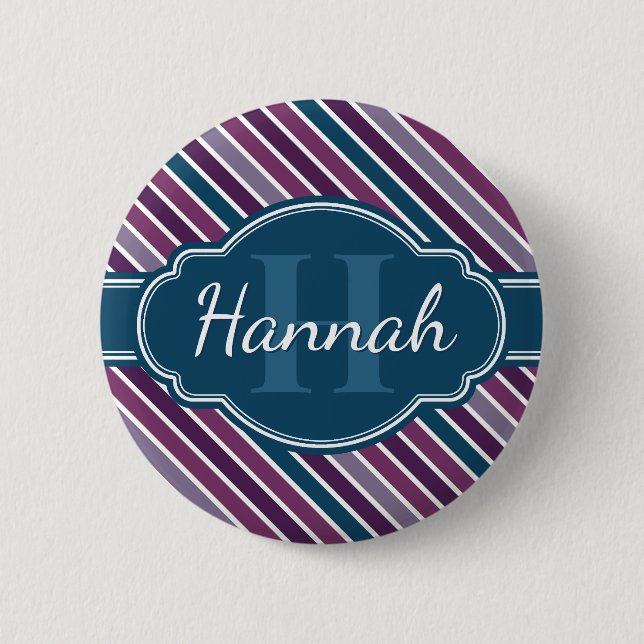 Purple White Teal Bold Stripe Pattern Monogram Button (Front)