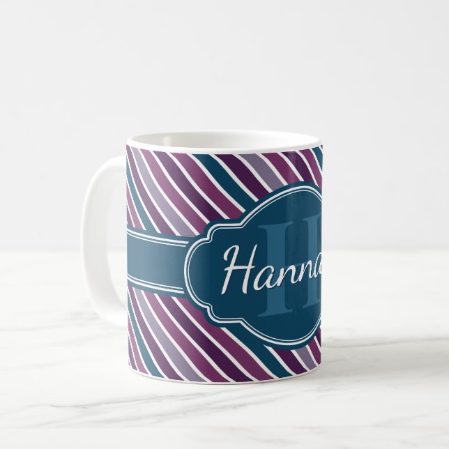 Purple White Teal Bold Stripe Pattern Monogram Coffee Mug (Front Left)