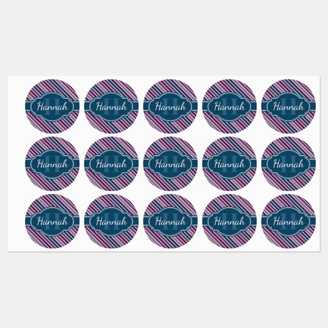 Purple White Teal Bold Stripe Pattern Monogram Labels (Sheet)