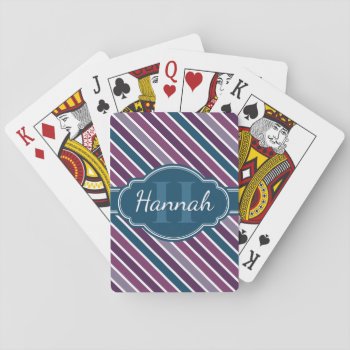 Purple White Teal Bold Stripe Pattern Monogram Playing Cards by DoodlesGiftShop at Zazzle